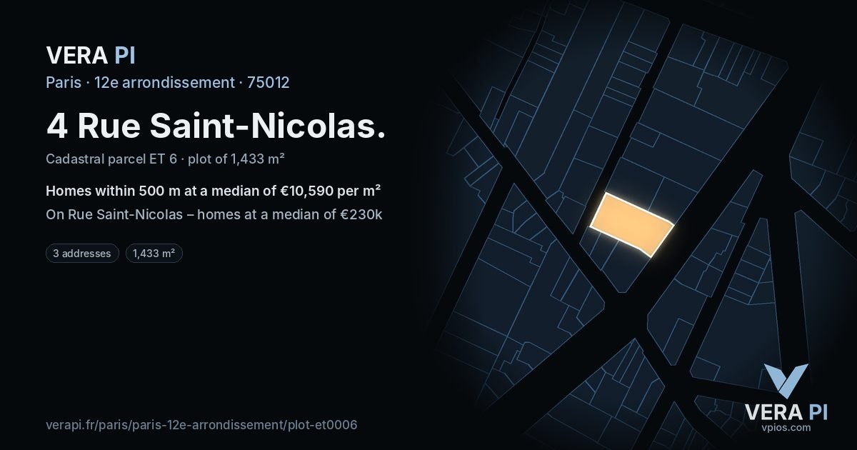 4 Rue Saint-Nicolas, 12e arrondissement at night – the plot lit, the parcels around coloured by the prices near them