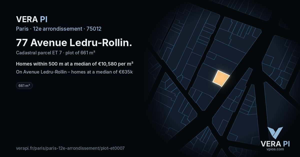 77 Avenue Ledru-Rollin, 12e arrondissement at night – the plot lit, the parcels around coloured by the prices near them