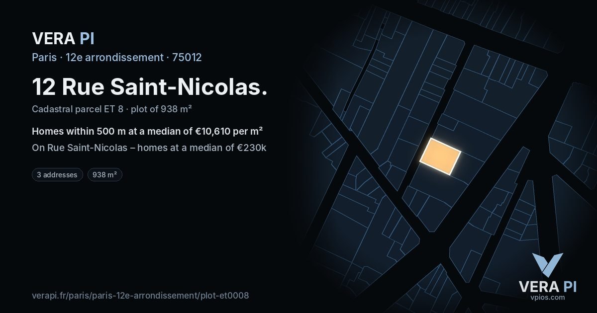 12 Rue Saint-Nicolas, 12e arrondissement at night – the plot lit, the parcels around coloured by the prices near them