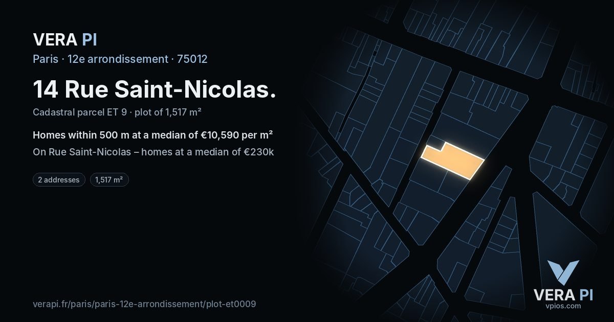 14 Rue Saint-Nicolas, 12e arrondissement at night – the plot lit, the parcels around coloured by the prices near them