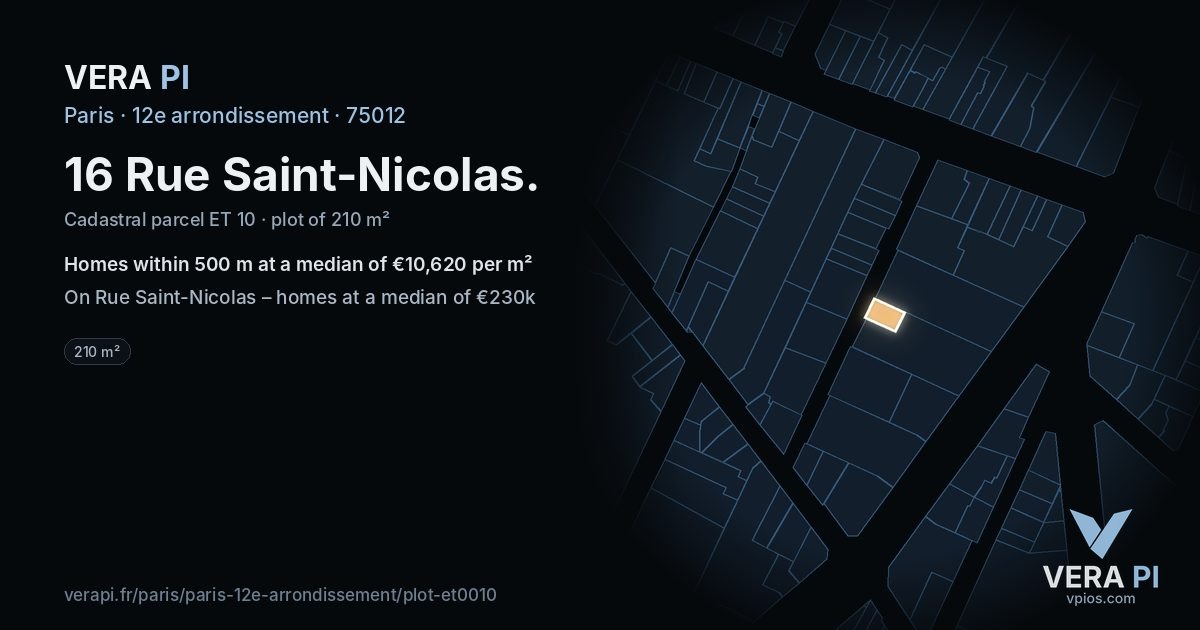 16 Rue Saint-Nicolas, 12e arrondissement at night – the plot lit, the parcels around coloured by the prices near them