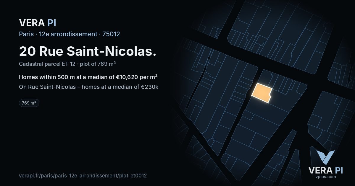 20 Rue Saint-Nicolas, 12e arrondissement at night – the plot lit, the parcels around coloured by the prices near them