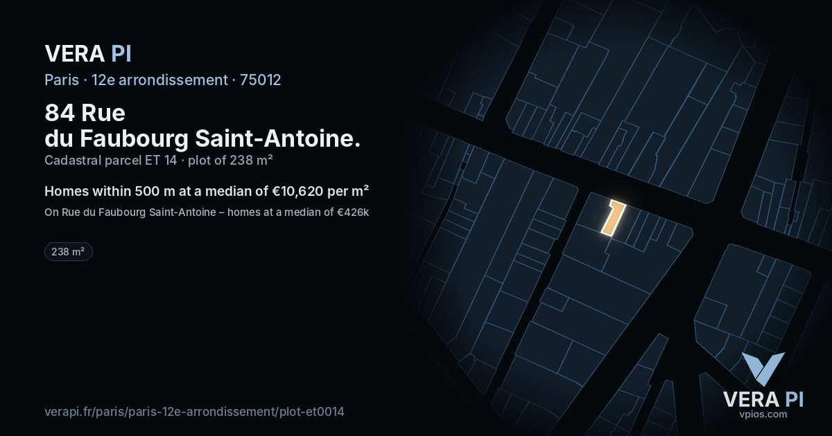 84 Rue du Faubourg Saint-Antoine, 12e arrondissement at night – the plot lit, the parcels around coloured by the prices near them