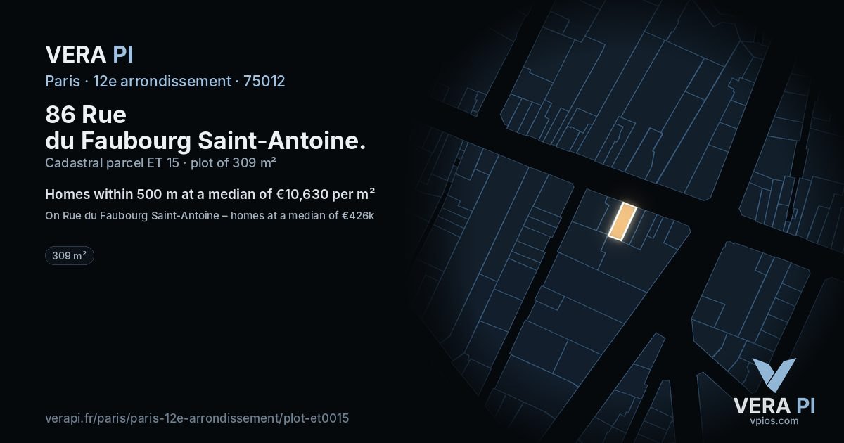 86 Rue du Faubourg Saint-Antoine, 12e arrondissement at night – the plot lit, the parcels around coloured by the prices near them