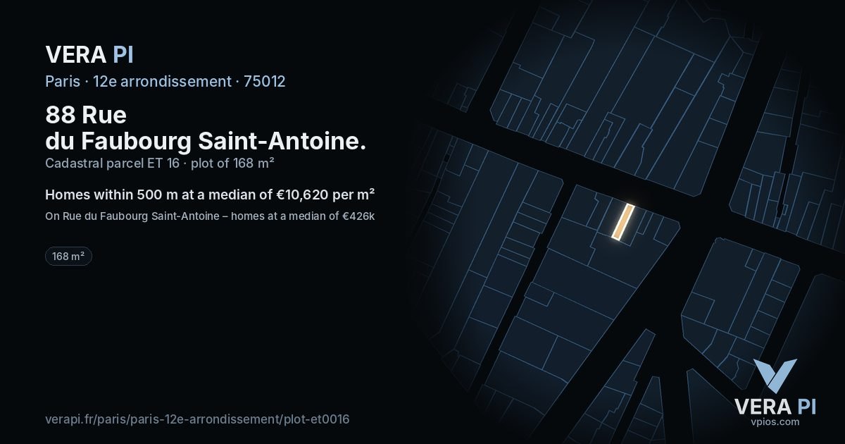 88 Rue du Faubourg Saint-Antoine, 12e arrondissement at night – the plot lit, the parcels around coloured by the prices near them