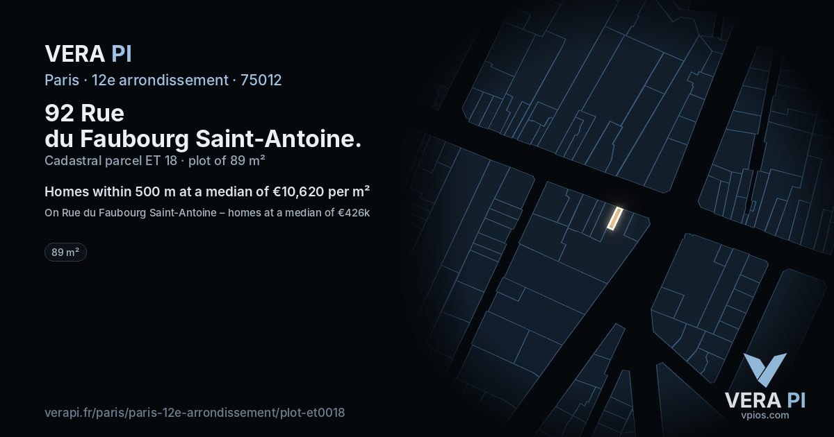 92 Rue du Faubourg Saint-Antoine, 12e arrondissement at night – the plot lit, the parcels around coloured by the prices near them