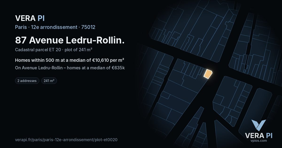 87 Avenue Ledru-Rollin, 12e arrondissement at night – the plot lit, the parcels around coloured by the prices near them