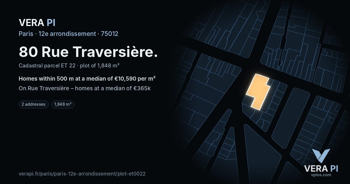 80 Rue Traversière, 12e arrondissement at night – the plot lit, the parcels around coloured by the prices near them