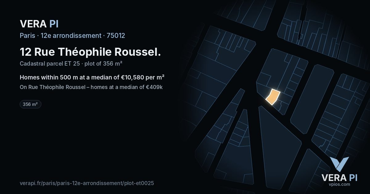 12 Rue Théophile Roussel, 12e arrondissement at night – the plot lit, the parcels around coloured by the prices near them