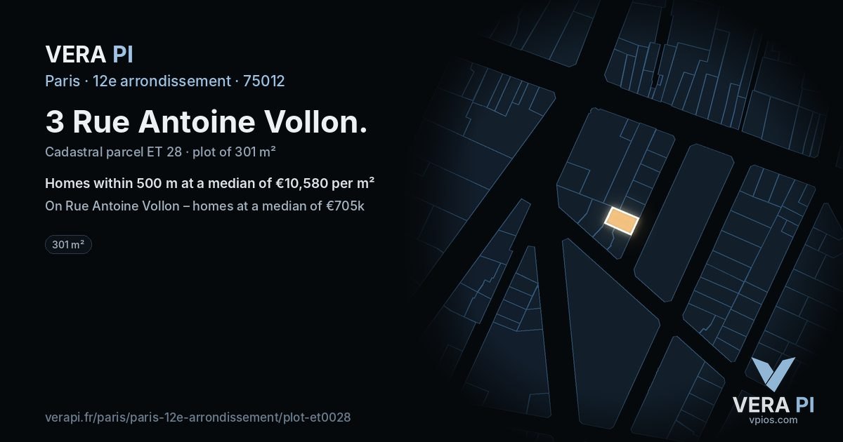 3 Rue Antoine Vollon, 12e arrondissement at night – the plot lit, the parcels around coloured by the prices near them