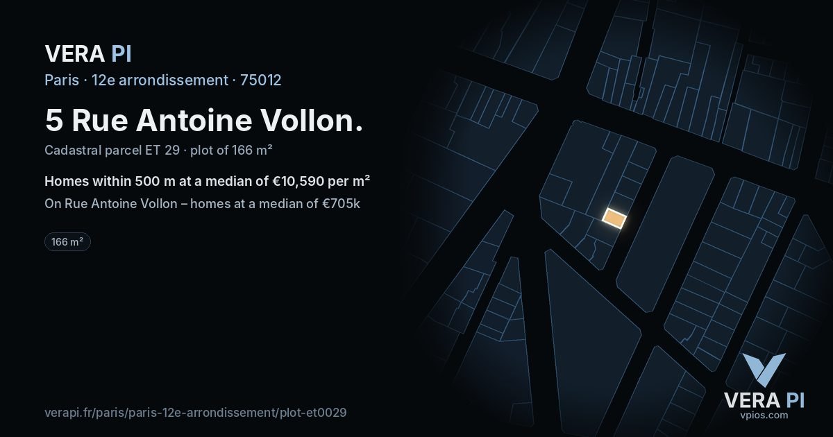 5 Rue Antoine Vollon, 12e arrondissement at night – the plot lit, the parcels around coloured by the prices near them