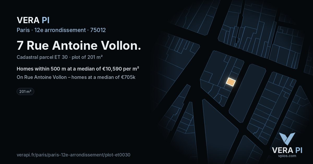 7 Rue Antoine Vollon, 12e arrondissement at night – the plot lit, the parcels around coloured by the prices near them