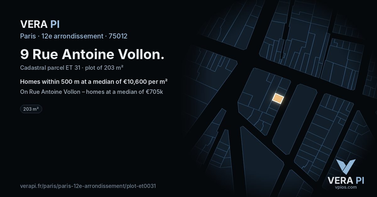 9 Rue Antoine Vollon, 12e arrondissement at night – the plot lit, the parcels around coloured by the prices near them