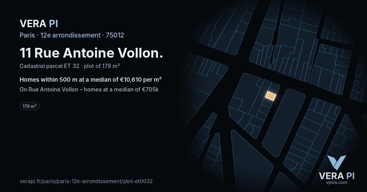 11 Rue Antoine Vollon, 12e arrondissement at night – the plot lit, the parcels around coloured by the prices near them