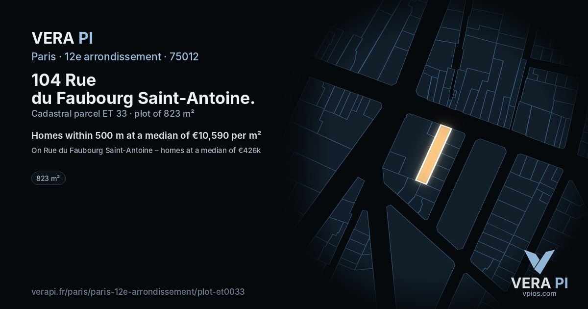 104 Rue du Faubourg Saint-Antoine, 12e arrondissement at night – the plot lit, the parcels around coloured by the prices near them