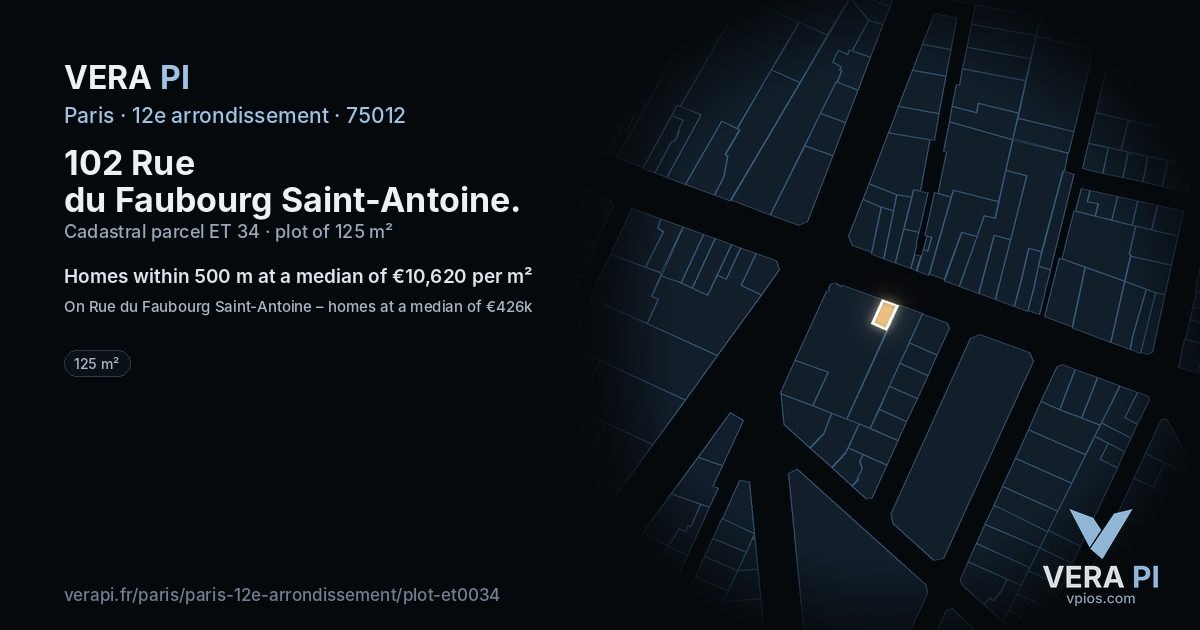 102 Rue du Faubourg Saint-Antoine, 12e arrondissement at night – the plot lit, the parcels around coloured by the prices near them