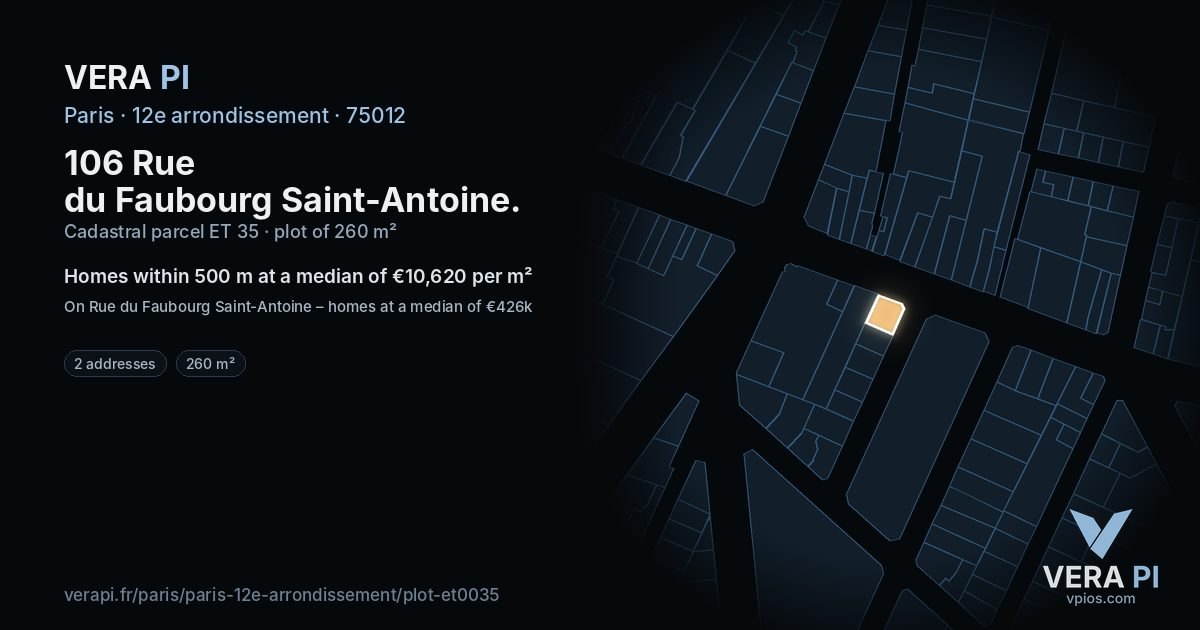 106 Rue du Faubourg Saint-Antoine, 12e arrondissement at night – the plot lit, the parcels around coloured by the prices near them