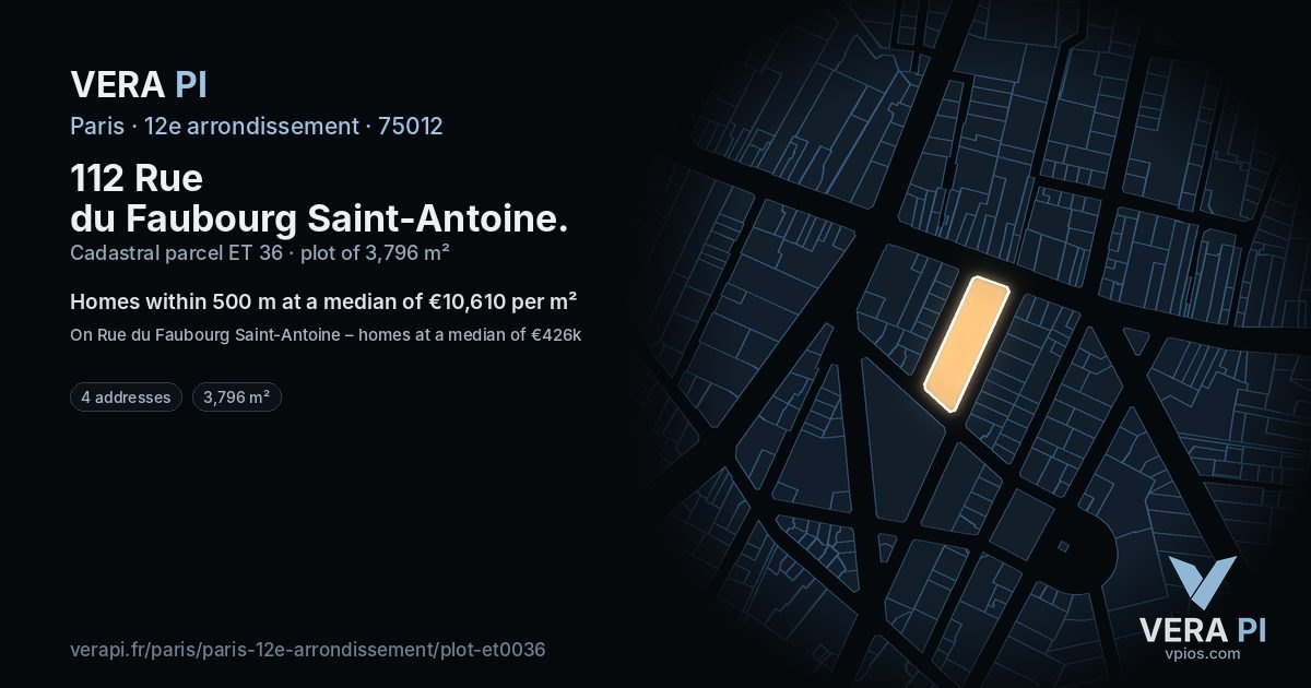112 Rue du Faubourg Saint-Antoine, 12e arrondissement at night – the plot lit, the parcels around coloured by the prices near them