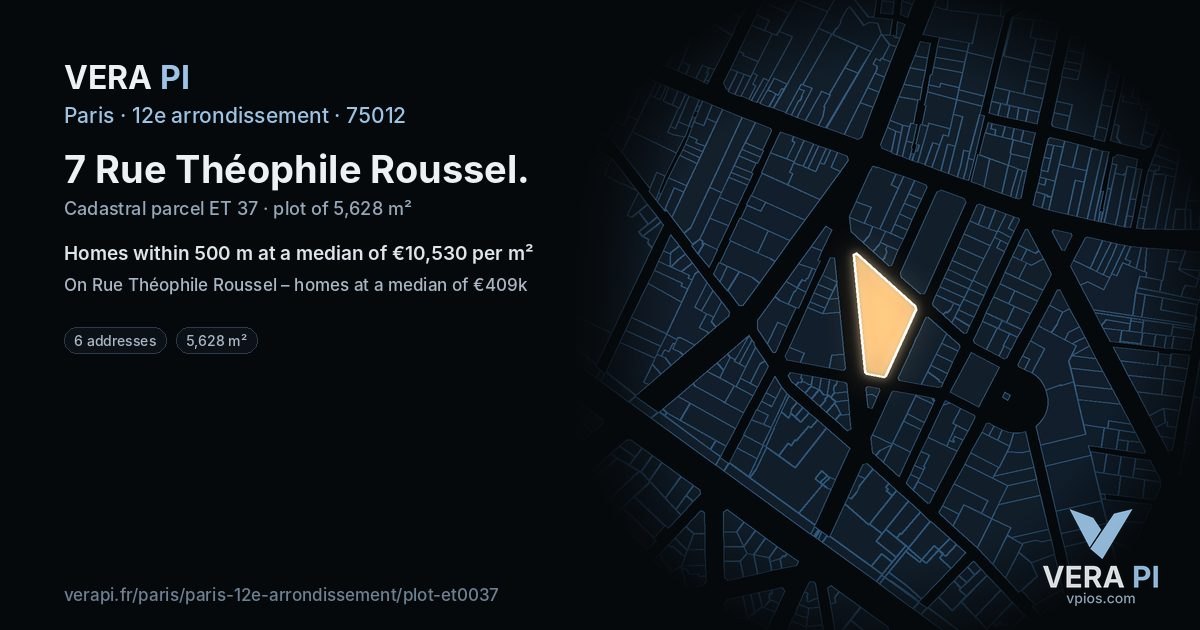7 Rue Théophile Roussel, 12e arrondissement at night – the plot lit, the parcels around coloured by the prices near them