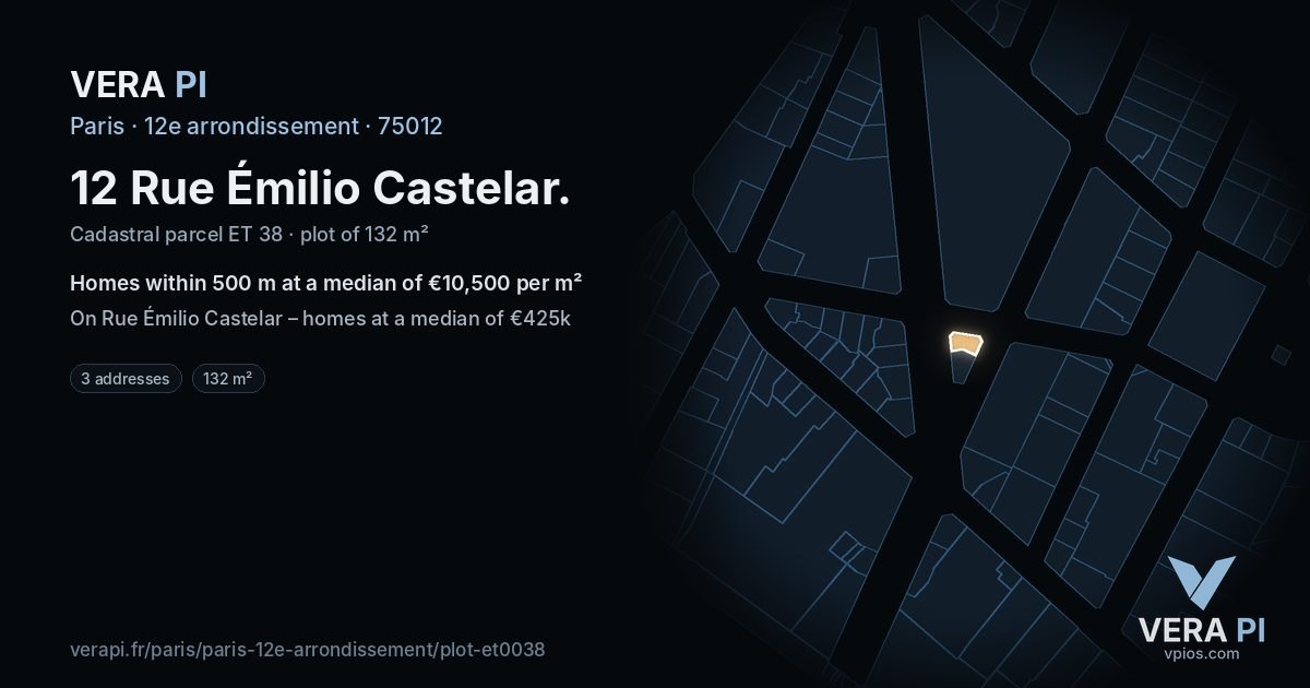 12 Rue Émilio Castelar, 12e arrondissement at night – the plot lit, the parcels around coloured by the prices near them