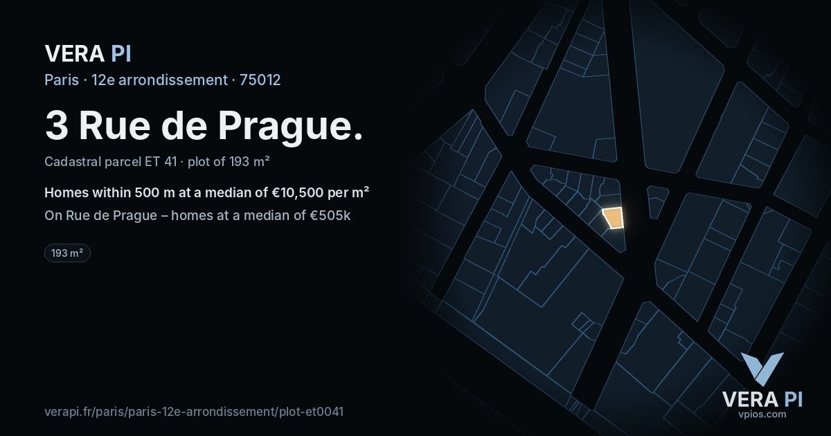 3 Rue de Prague, 12e arrondissement at night – the plot lit, the parcels around coloured by the prices near them