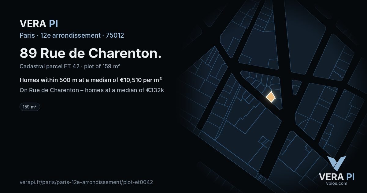 89 Rue de Charenton, 12e arrondissement at night – the plot lit, the parcels around coloured by the prices near them