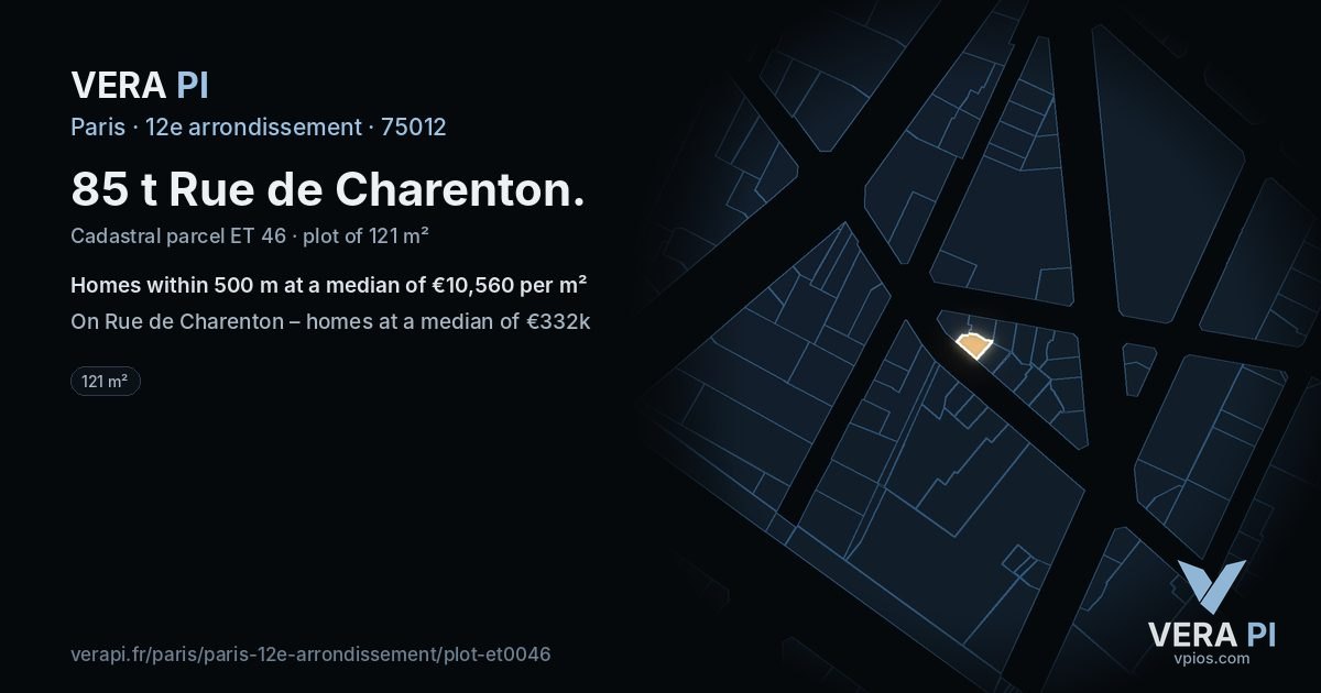 85 t Rue de Charenton, 12e arrondissement at night – the plot lit, the parcels around coloured by the prices near them