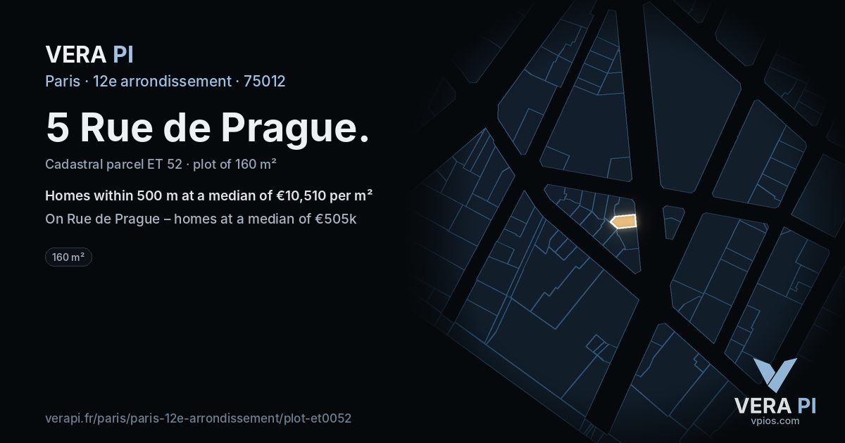 5 Rue de Prague, 12e arrondissement at night – the plot lit, the parcels around coloured by the prices near them