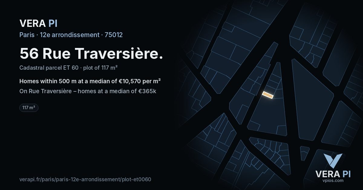 56 Rue Traversière, 12e arrondissement at night – the plot lit, the parcels around coloured by the prices near them