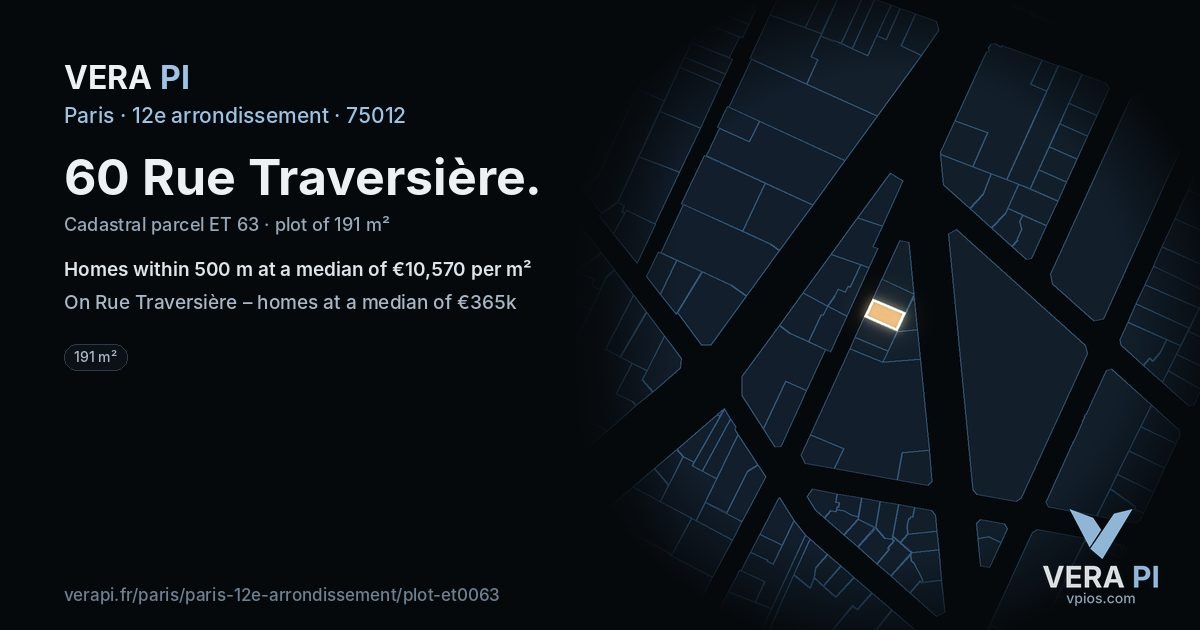 60 Rue Traversière, 12e arrondissement at night – the plot lit, the parcels around coloured by the prices near them