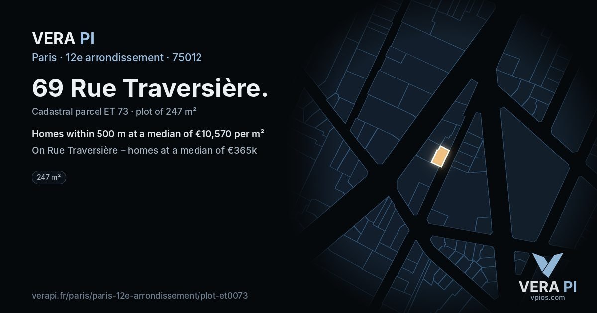 69 Rue Traversière, 12e arrondissement at night – the plot lit, the parcels around coloured by the prices near them