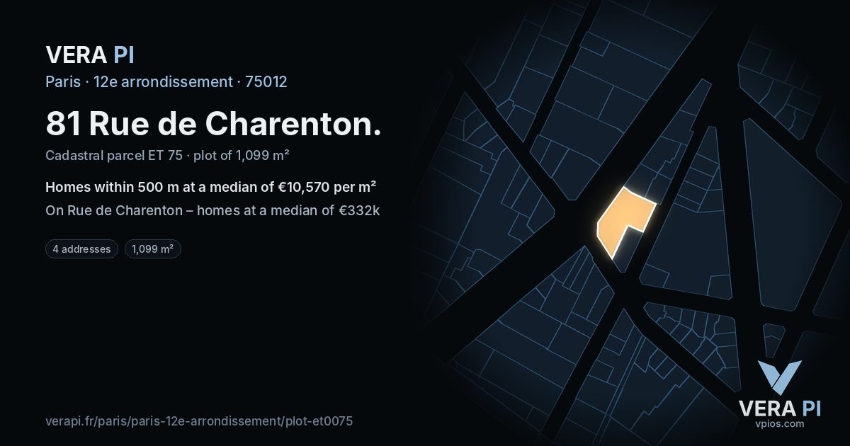 81 Rue de Charenton, 12e arrondissement at night – the plot lit, the parcels around coloured by the prices near them