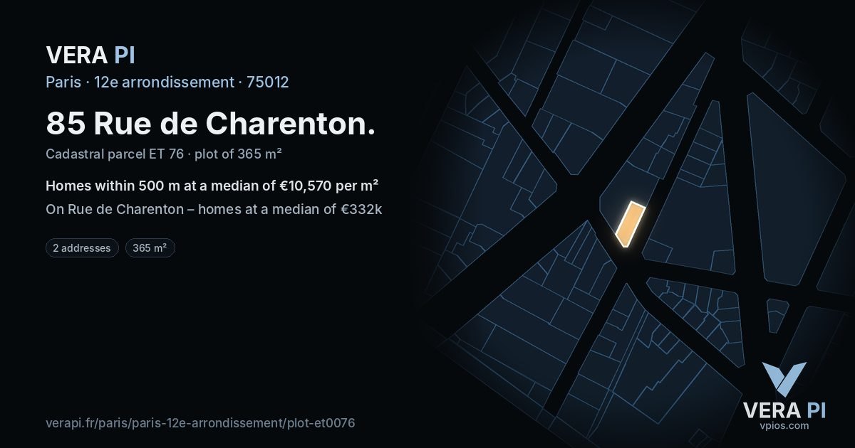 85 Rue de Charenton, 12e arrondissement at night – the plot lit, the parcels around coloured by the prices near them