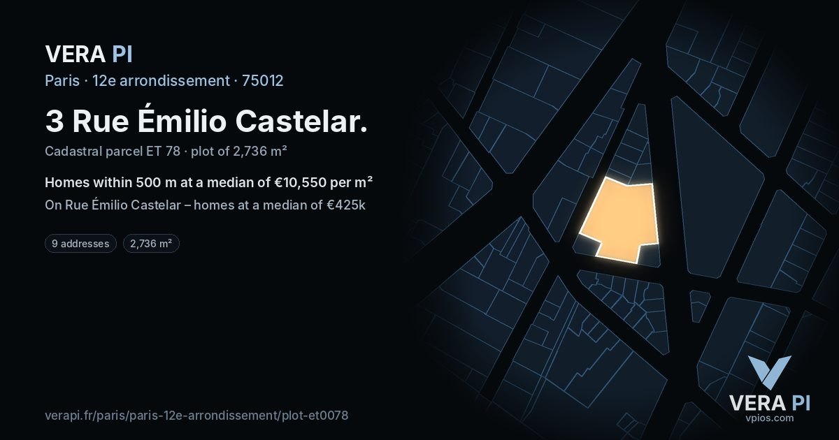 3 Rue Émilio Castelar, 12e arrondissement at night – the plot lit, the parcels around coloured by the prices near them