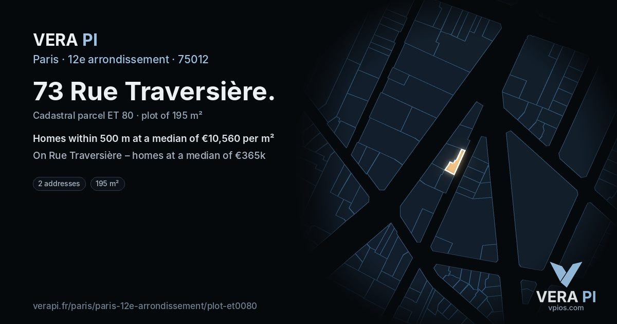 73 Rue Traversière, 12e arrondissement at night – the plot lit, the parcels around coloured by the prices near them