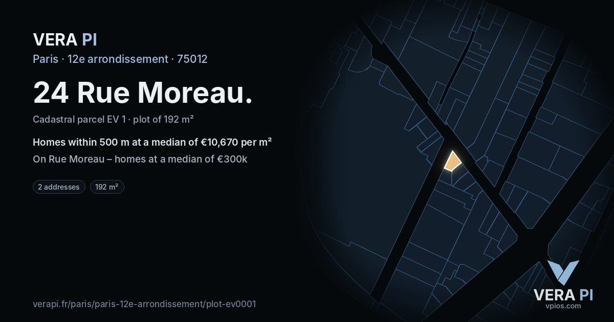 24 Rue Moreau, 12e arrondissement at night – the plot lit, the parcels around coloured by the prices near them