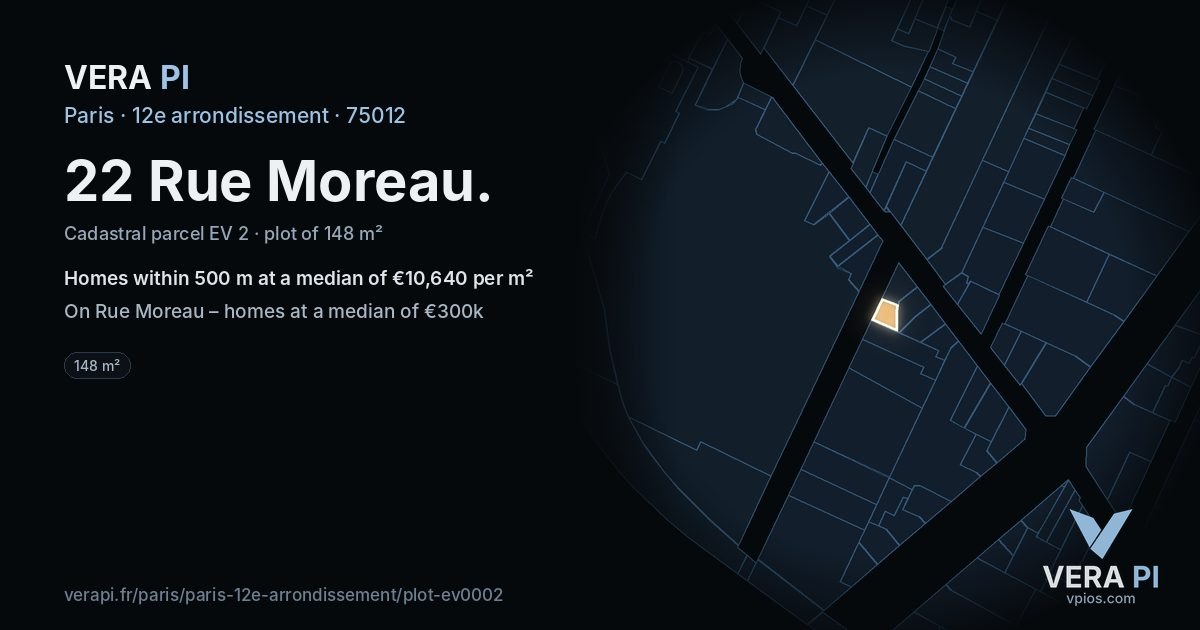 22 Rue Moreau, 12e arrondissement at night – the plot lit, the parcels around coloured by the prices near them