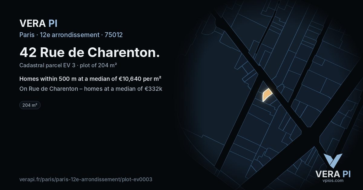 42 Rue de Charenton, 12e arrondissement at night – the plot lit, the parcels around coloured by the prices near them