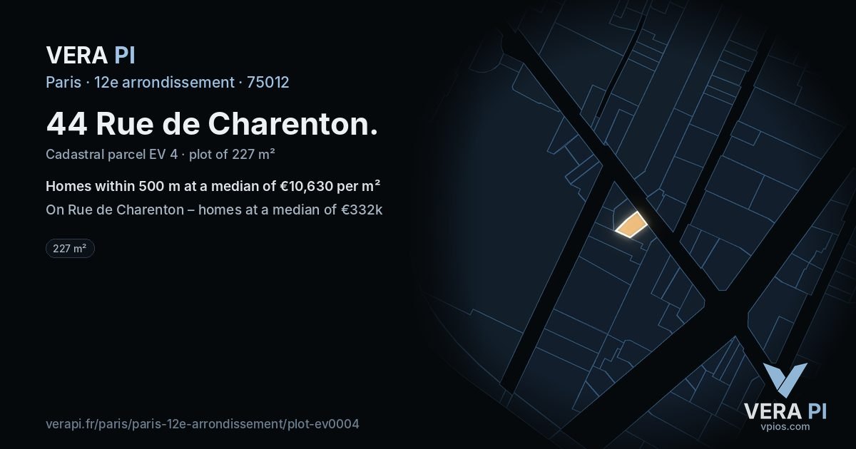 44 Rue de Charenton, 12e arrondissement at night – the plot lit, the parcels around coloured by the prices near them