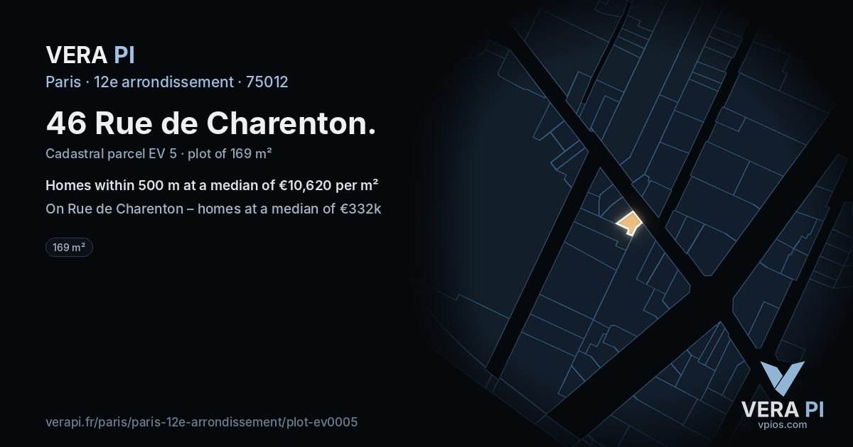46 Rue de Charenton, 12e arrondissement at night – the plot lit, the parcels around coloured by the prices near them
