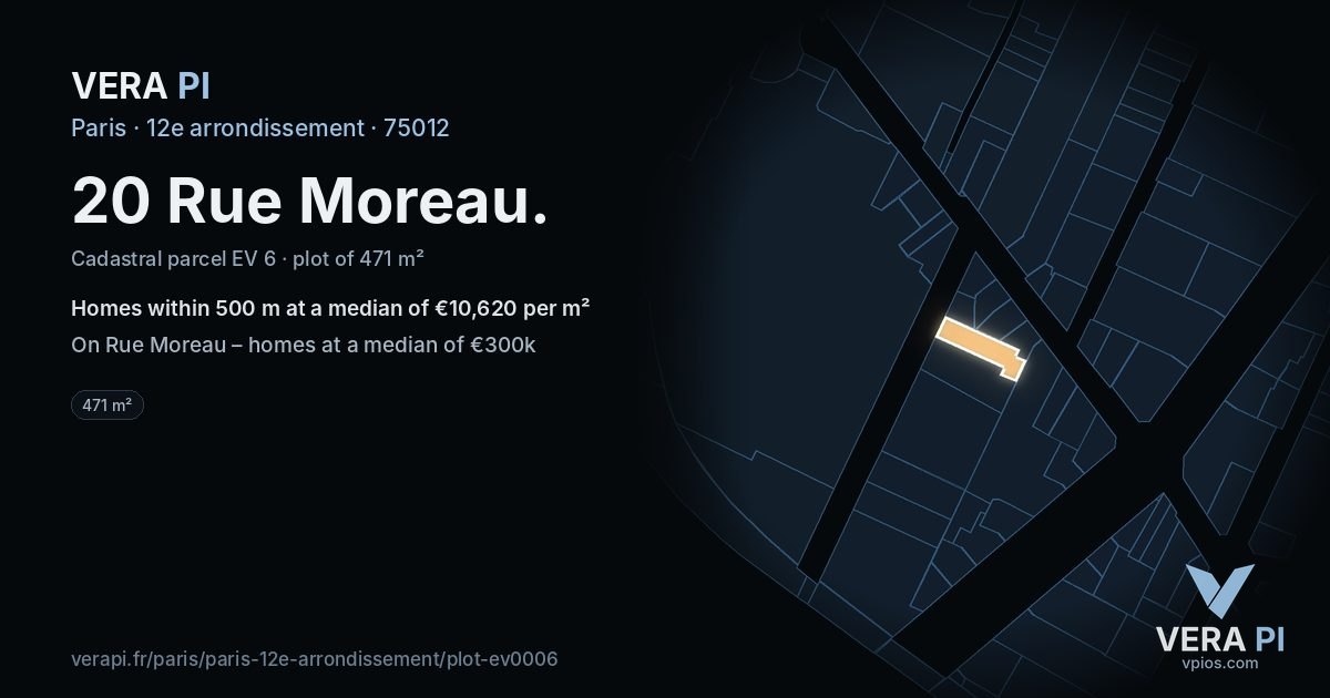 20 Rue Moreau, 12e arrondissement at night – the plot lit, the parcels around coloured by the prices near them