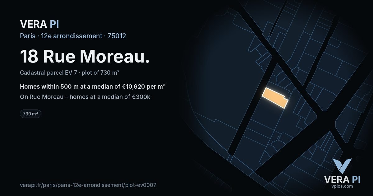 18 Rue Moreau, 12e arrondissement at night – the plot lit, the parcels around coloured by the prices near them