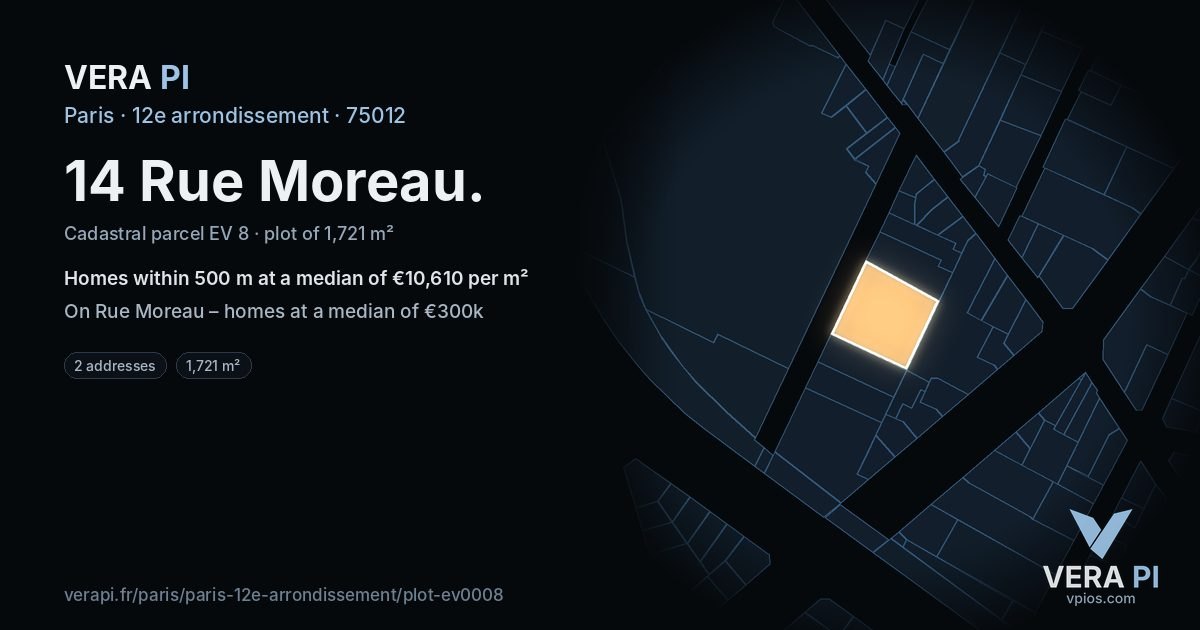 14 Rue Moreau, 12e arrondissement at night – the plot lit, the parcels around coloured by the prices near them