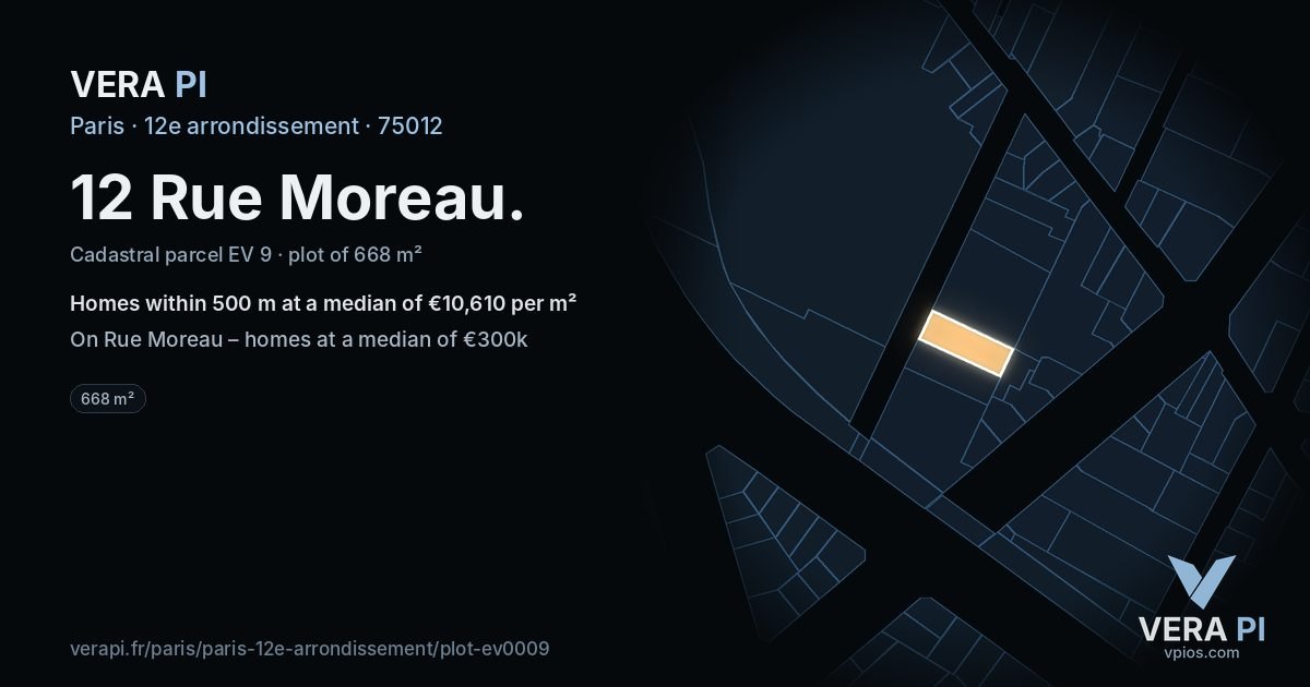 12 Rue Moreau, 12e arrondissement at night – the plot lit, the parcels around coloured by the prices near them