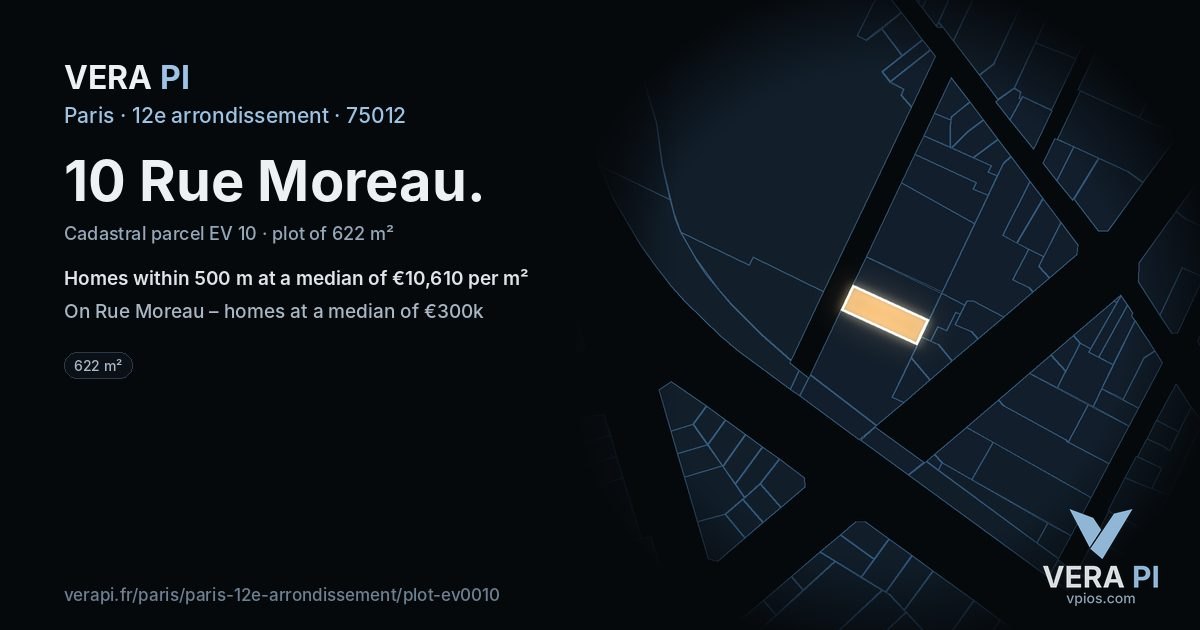 10 Rue Moreau, 12e arrondissement at night – the plot lit, the parcels around coloured by the prices near them