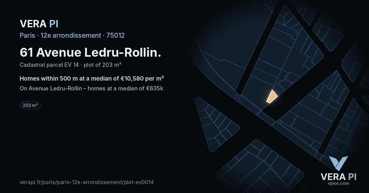61 Avenue Ledru-Rollin, 12e arrondissement at night – the plot lit, the parcels around coloured by the prices near them