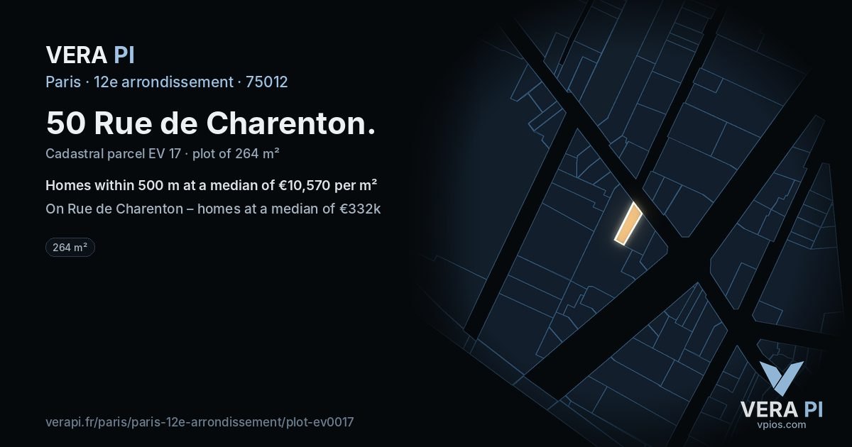 50 Rue de Charenton, 12e arrondissement at night – the plot lit, the parcels around coloured by the prices near them