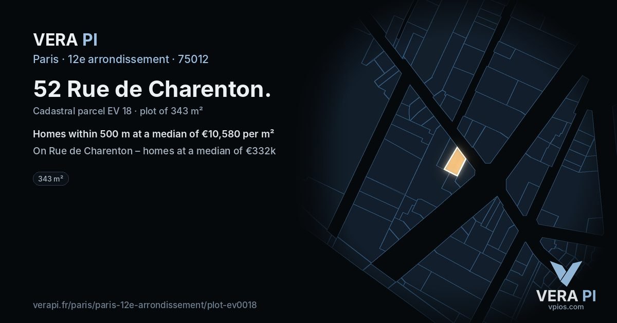 52 Rue de Charenton, 12e arrondissement at night – the plot lit, the parcels around coloured by the prices near them