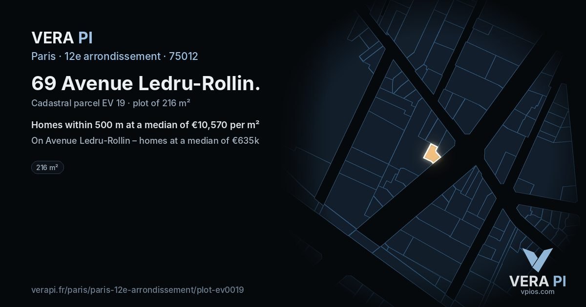 69 Avenue Ledru-Rollin, 12e arrondissement at night – the plot lit, the parcels around coloured by the prices near them