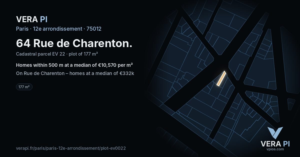 64 Rue de Charenton, 12e arrondissement at night – the plot lit, the parcels around coloured by the prices near them